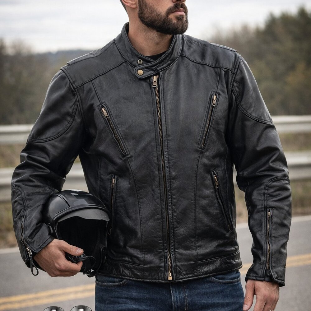 UNIK Black Leather Motorcycle Jacket  - Sz 44 (XL) - YKK Zippers - Zip-Out Liner